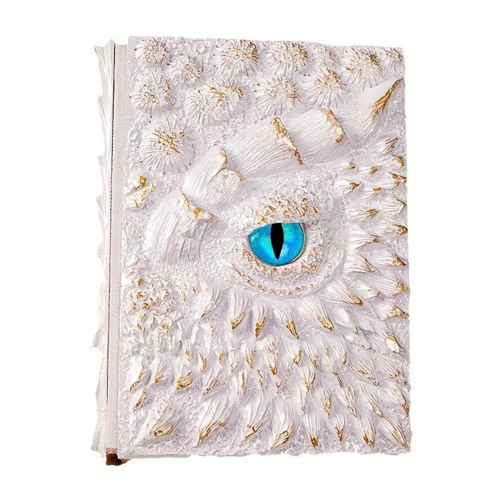 White Dragon Eye Journal – 3D Fantasy Notebook with Gold Accents & Blue Eye